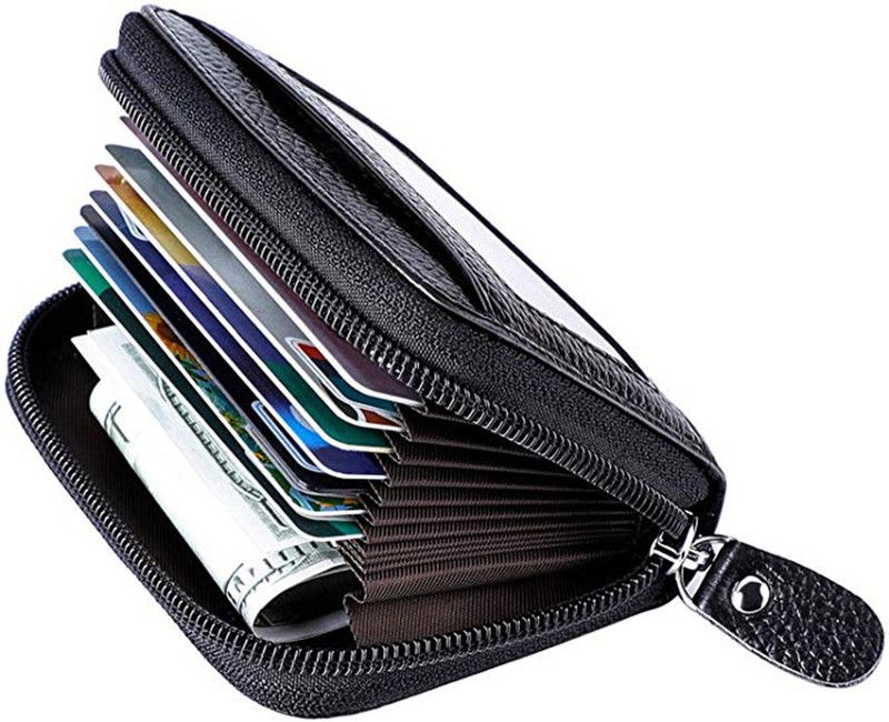 Flipkart SmartBuy RFID Protected Black Leather Zipper Case 10 Card Holder  (Set of 1, Black)