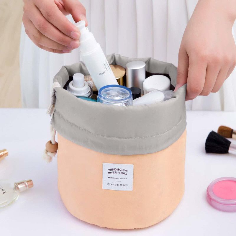 Round Barrel Bucket Travel Makeup Bag, Portable Collapsible Cases Drawstring  (Multicolor)