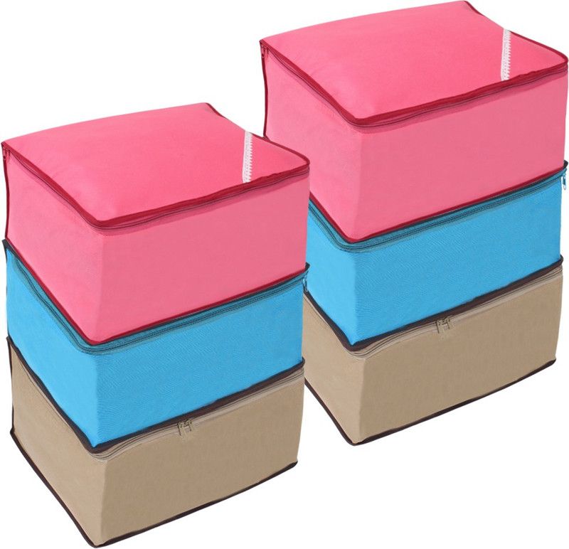PrettyKrafts Pack of 6 Saree Cover, Storage Bag with Transparent Window, Extra Large shopsy_S1293_Pink_Blue_Beige6  (Beige)