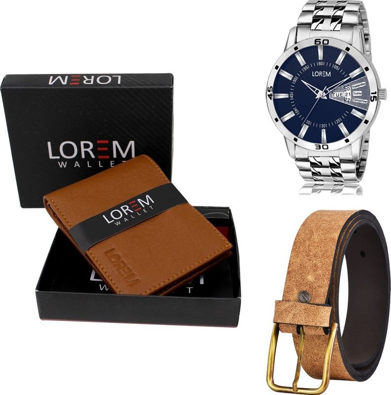 LOREM Belt, Wallet & Watch Combo  (Tan, Beige, Silver)