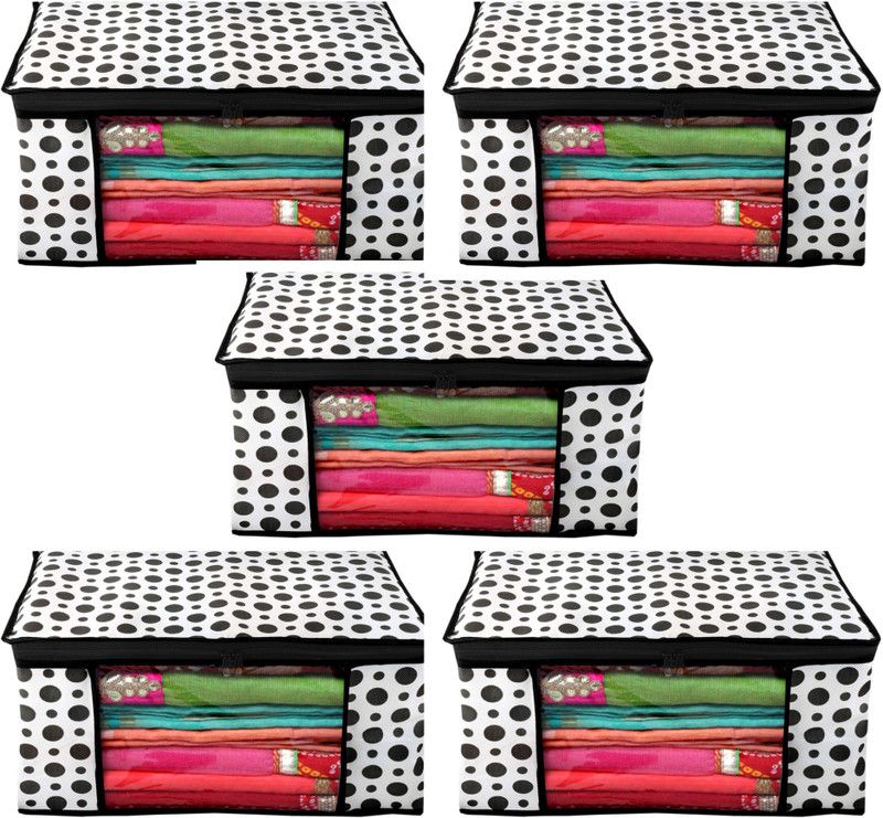 Fovo Sari Bag Dot Printed Non Woven Fabric Saree Cover with zip Clothes For Saree Set with Transparent Window.  (Black)