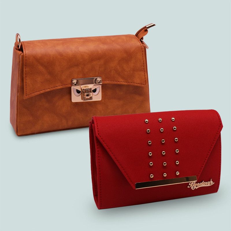 Tan, Red Sling Bag EY NAINA Fragrance Cross body Chain Sling bag - Tan & Red  (Pack of 2)