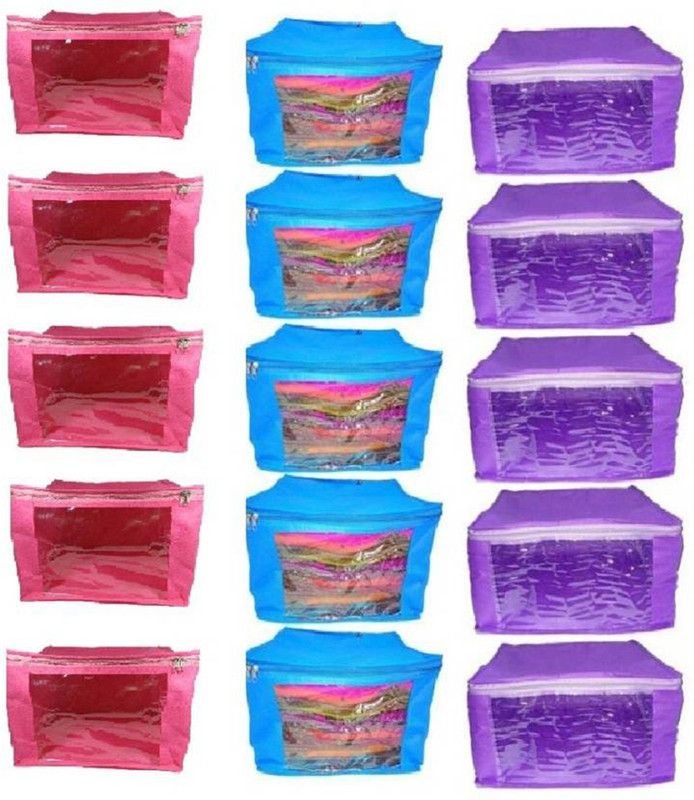 Ajabh High Quality Travelling Pouch Combo of 15 Pieces Multipurpose Ladies Large 10inch Non-Woven saree Cover 5pcs Pink, 5pcs Blue, 5 Purple Color Storage Organizer Bag vanity pouch Garments Cover Keeps Upto 10 - 15 Saree each  (Pink, Blue, Purple)