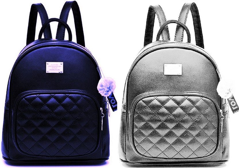 Small 10 L Backpack LATEST NEW POMPOM STYLE PU LEATHER BACKPACK,SCHOOL BACKPACK,TRAVEL BACKPACK  (Blue, Grey)