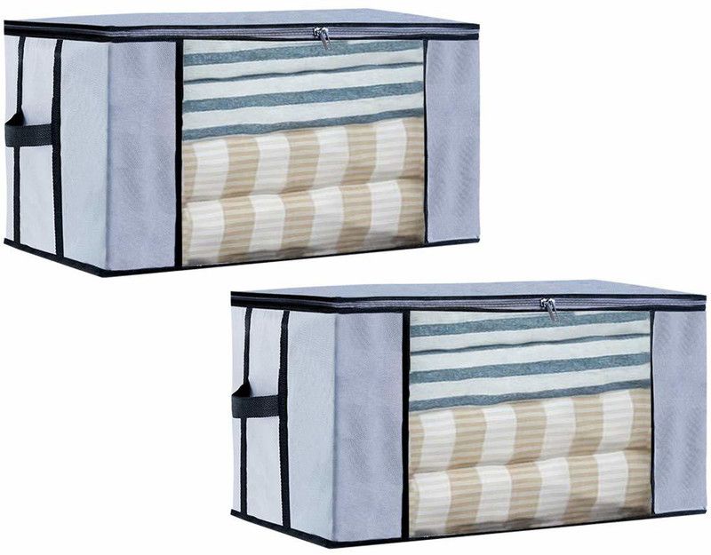 AYOG Underbed Storage Organizer For Blanket,Quilt Clothes Storage Bag For Wardrobe Organizer with Transparent Window & 2 Soft Handles,Grey-pack of 2 BLANKETORGANIZERG02  (Grey)