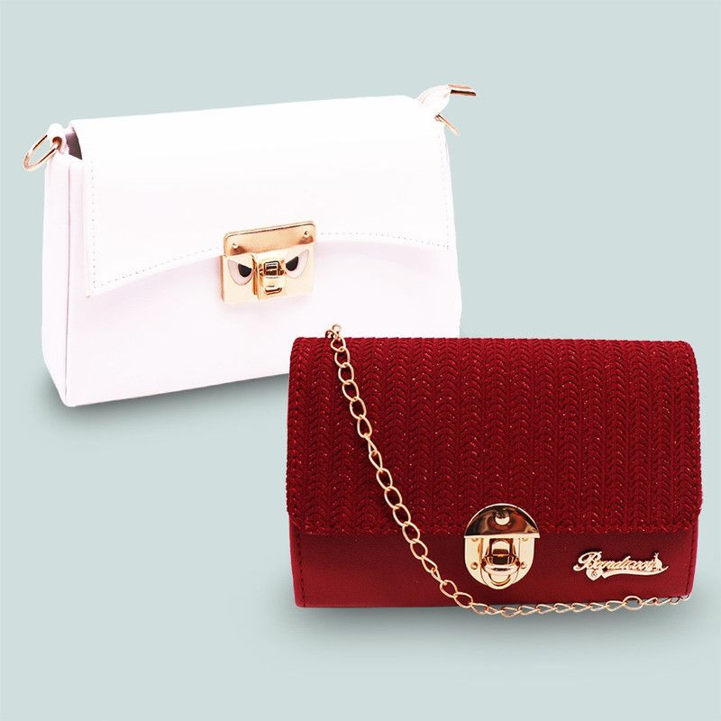White, Red Sling Bag EY NAINA Quotorze Cross body Chain Sling bag - White & Red  (Pack of 2)