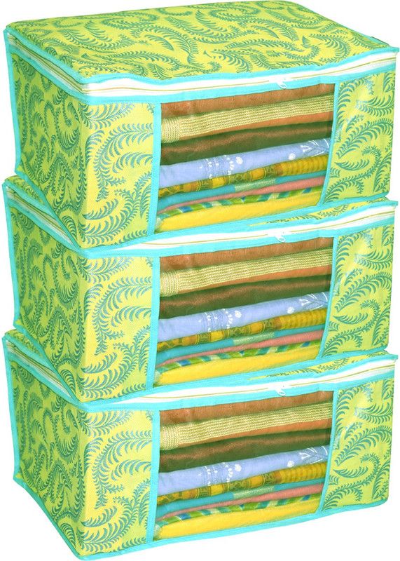 KUBER INDUSTRIES Saree cover Metallic Print 3 Piece Non woven Saree Cover Set, Green SAREE0520  (Green)
