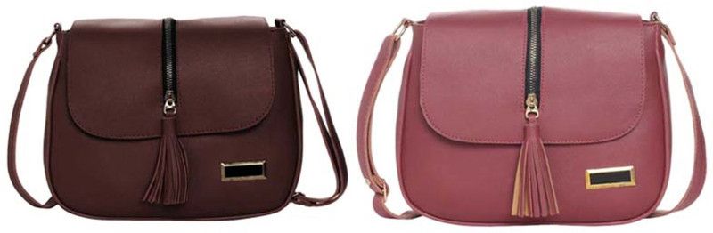 Brown, Maroon Girls Sling Bag - Medium  (Pack of 2)
