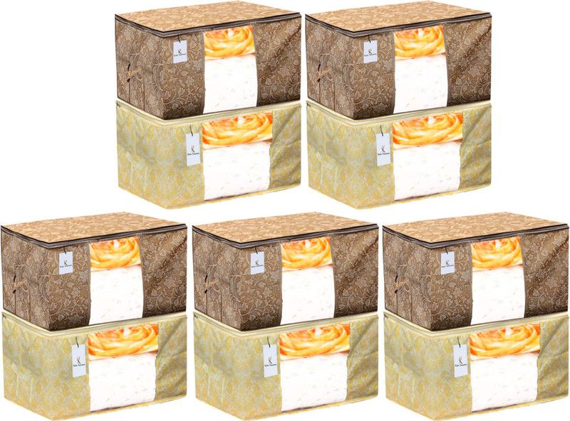 KUBER INDUSTRIES Designer Metalic Printed 10 Piece Non Woven Fabric Underbed Storage Bag,Cloth Organiser,Blanket Cover with Transparent Window, Gold & Beige -CTKTC41249 041249  (Gold & Beige)