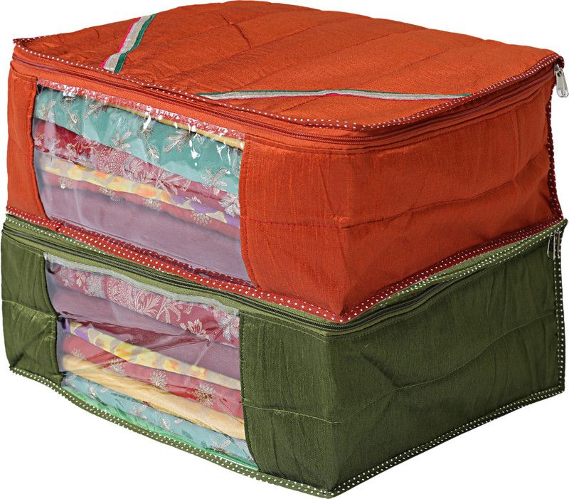 KUBER INDUSTRIES Saree cover 2 Pieces Raw Silk Saree Cover Wardrobe Organizer (Green & Red)-CTKTC2857 CTKTC02857  (Multicolor)