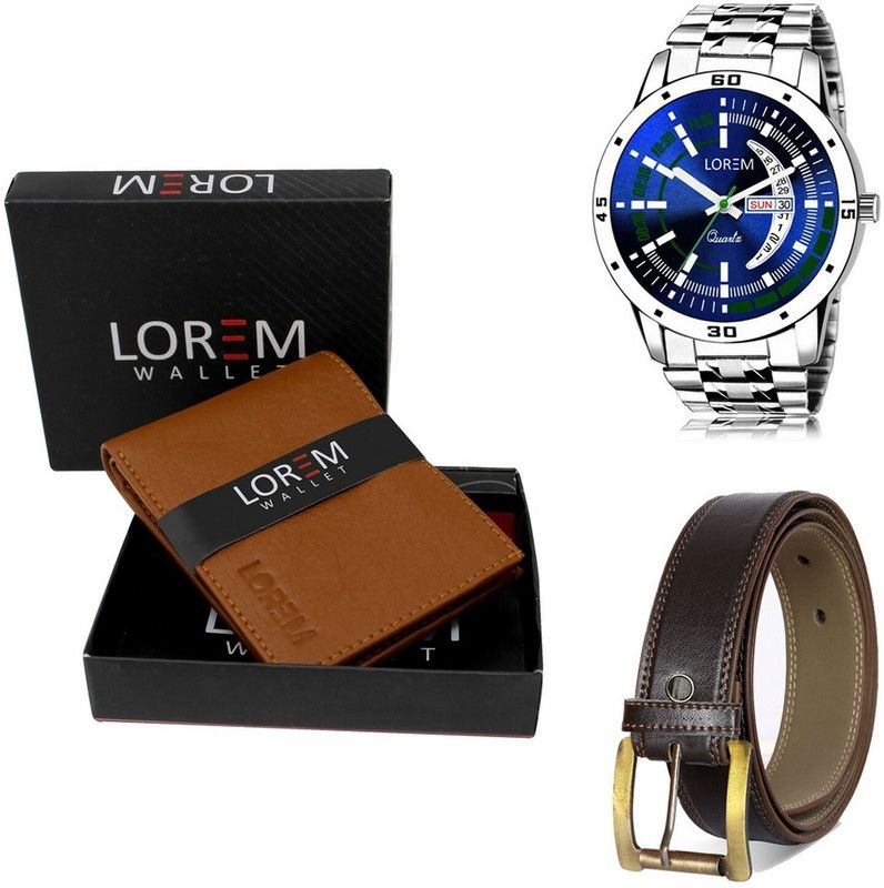 LOREM Belt, Wallet & Watch Combo  (Tan, Brown, Silver)