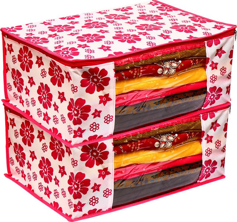 Shaping Fabric SF_PF_002  Saree Cover Designer Pink Flower Design 2 Piece Non Woven Fabric Saree Cover Set with Transparent Window SF_PF_002  (Pink)
