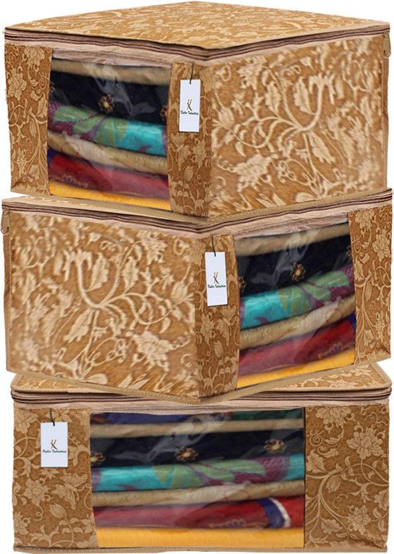 KUBER INDUSTRIES Designer Metalic Printed 3 Pieces Non Woven Fabric Saree Cover/Clothes Organiser for Wardrobe Set with Transparent Window, Extra Large (Beige)-KUBMART2790 KUBMART02790  (Beige)