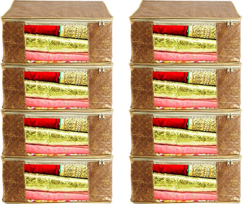AARON INC Non-Woven High-Quality Trendy Saree Cover Storage Bag For Wardrobe Organizer Garments Storage bags-Big in size Gold Printed Sakhiya kalash Pack of 8  (Brown)
