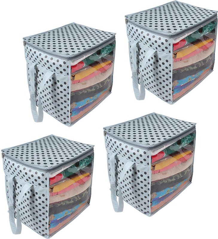 PrettyKrafts XL Saree Cover/sari organizer with handles and transparent front (15 * 12 * 15 In),(Pack of 4), Grey Dots F1603_SC_XL_GreyDots_4 Large Sari Cover  (Grey)