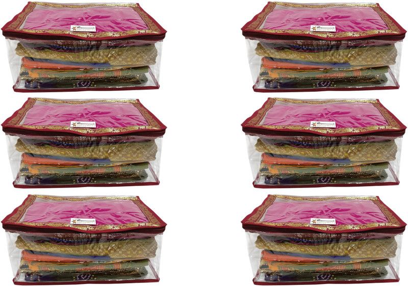 Shree Shyam Products Maroon Border Transparent Box Saree Cover Set of 6 PCS Capacity of 5 Sarees (SS-131_6 PCS)  (Maroon)