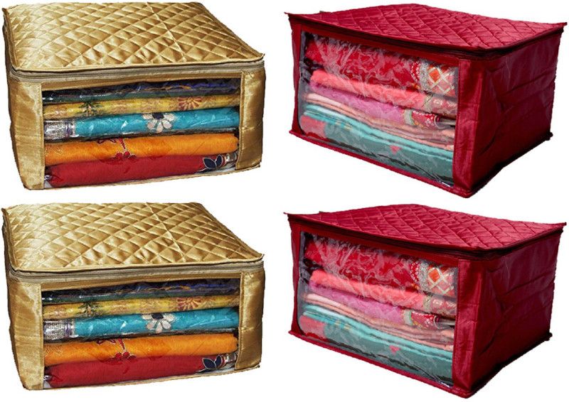 KUBER INDUSTRIES Designer " Extra Large Saree Cover Quilted Satin set of 4 Pcs (Maroon & Golden) Wedding Collection " SSATTIINP102  (Multicolor)