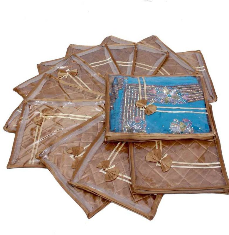 KUBER INDUSTRIES Designer Saree Cover 12 Pcs Combo in Heavy Quilted Satin (Golden) MKUSCGS101  (Golden)