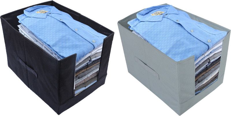KUBER INDUSTRIES Shirt Cover Non Woven 2 Pieces Shirt Stacker Wardrobe Organizer (Black & Grey)-CTKTC5565 CTKTC05565  (Multicolor)