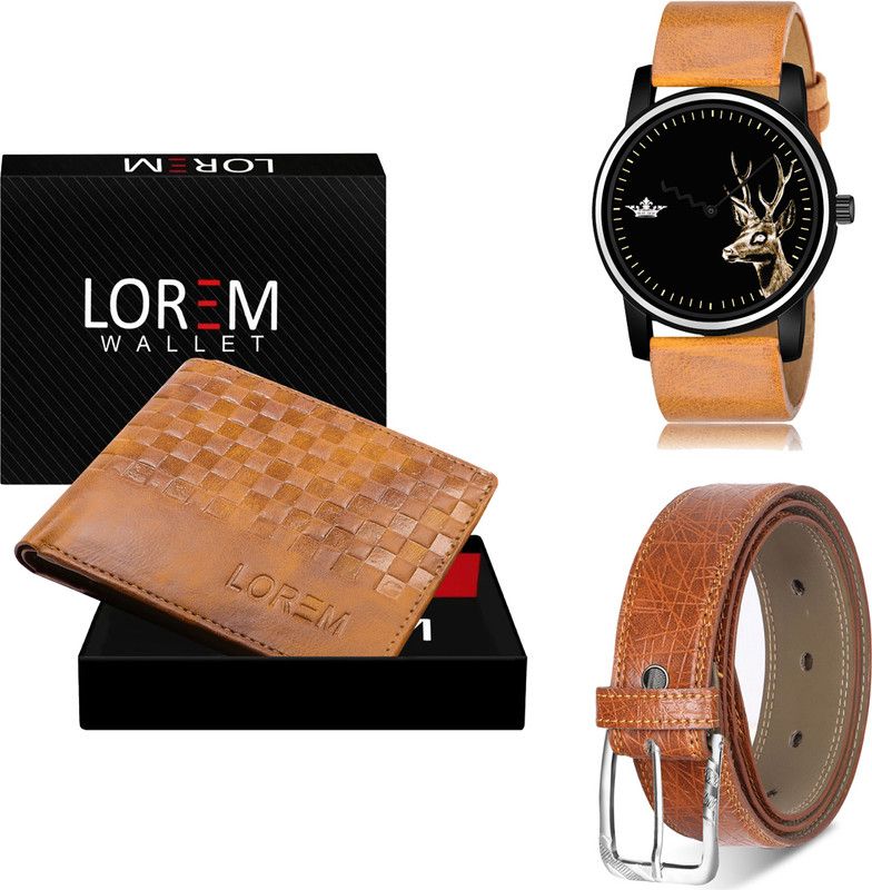 LOREM Belt, Wallet & Watch Combo  (Beige, Tan, Orange)