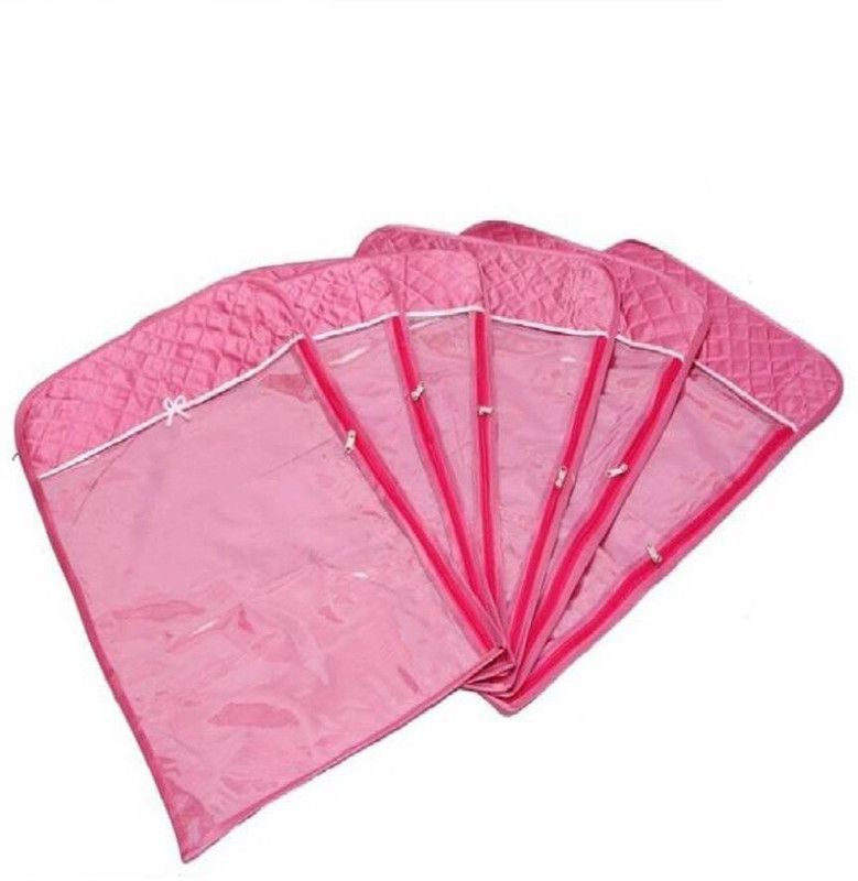 Aadhya Designer Satin Pack of 6 Pieces Front Transparent And Back Net Hanging Saree Cover Pink Garment Cover (Pink)  (Pink)