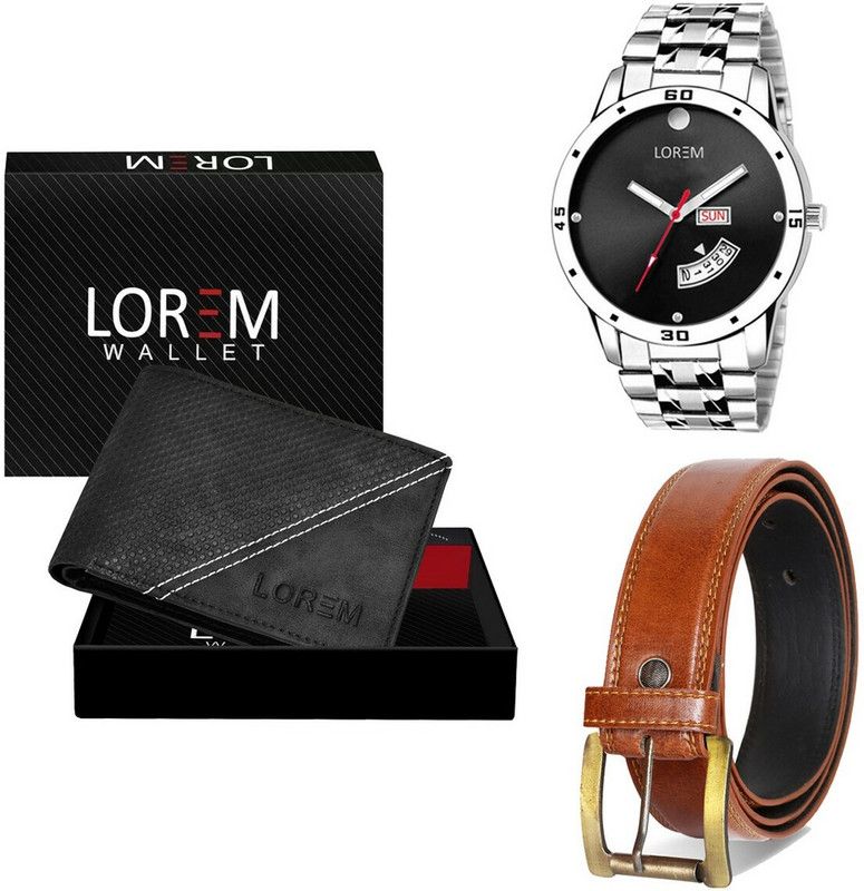 LOREM Belt, Wallet & Watch Combo  (Black, Orange, Silver)
