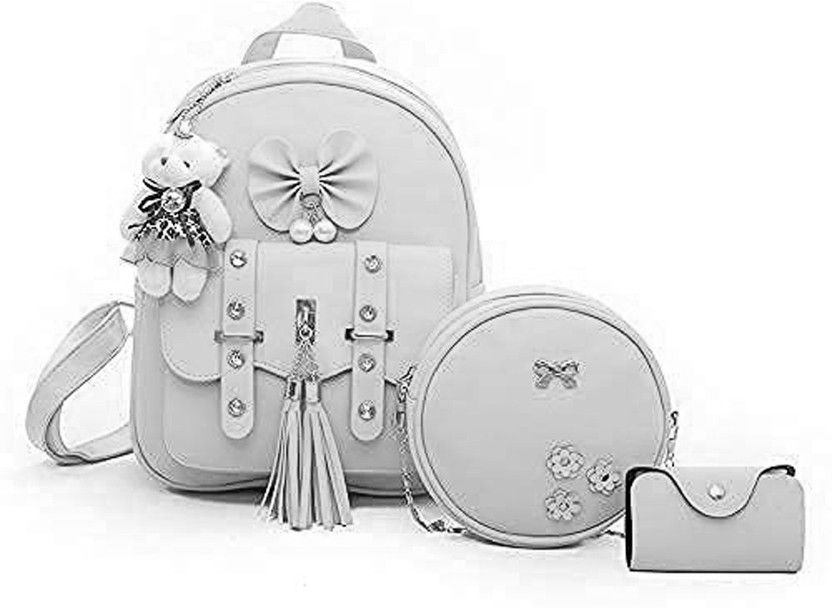 Small 12 L Backpack 3-Pieces Fahsion Leather Backpack Backpack Purse for Women  (Grey)