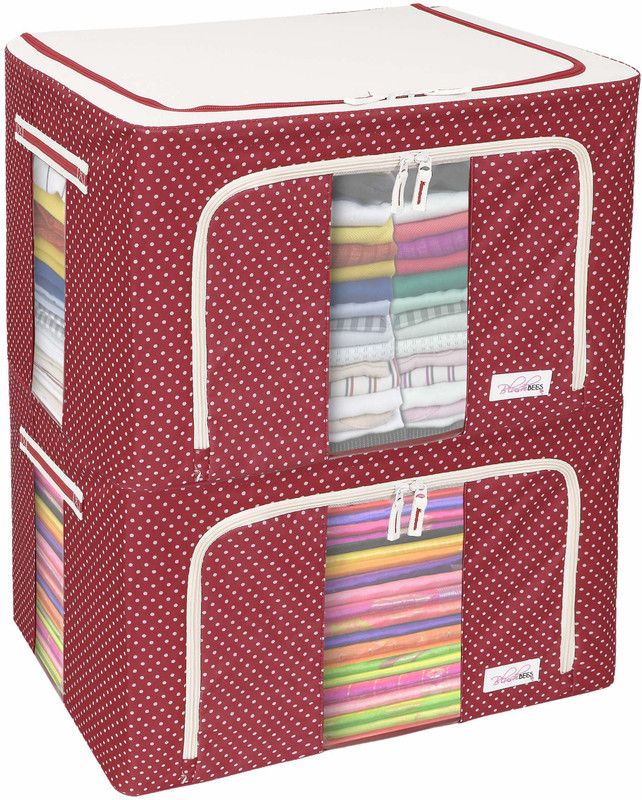 BlushBEES Living Box - Wardrobe Organizer, Cloth Storage Bags with Zip - 66 Litre, Pack of 2, Polka Dots Red  (Red)