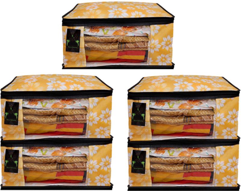 Kulsum Industries Best Stitching and High Quality Designer Non Woven 5 pieces non woven fabric saree cover White Flower Designer  (Mango)