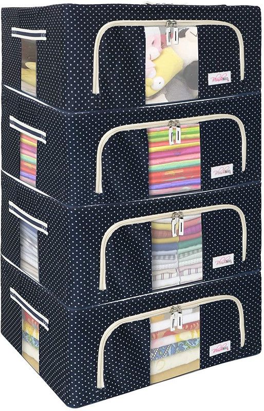 BlushBEES Living Box - Foldable Storage Boxes for Clothes, Saree Cover Bags Pack of 4, Polka Dot Blue  (Blue)