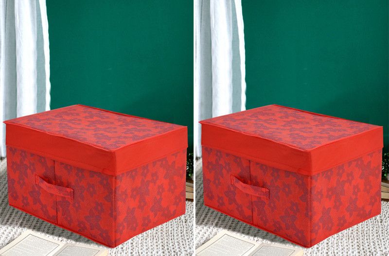 KUBER INDUSTRIES Designer Metallic Print Non Woven 2 Pieces Fabric Foldable Saree Cover Foldable Large Size Cloth Storage Box Toy,Books Wardrobe Organiser Box With Lid, Extra Large (Red) KUBMART02406  (Red)