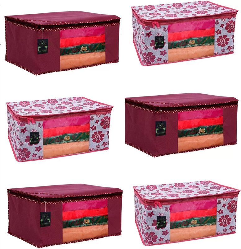 TOYSILO storage box for clothes Non-Woven Fabric Saree Cover Clothes Organiser with Transparent Window cloth storage box - Pack of 6  (Pink, Maroon)