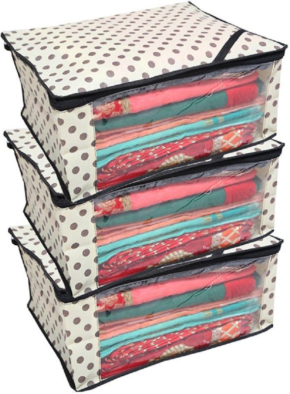 KUBER INDUSTRIES Designer " Non Woven Polka Dots Designer Saree Cover Set of 3 Pcs (Ivory) " NONWOVENNWSC09  (Ivory)