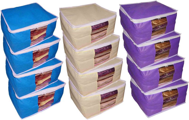 Ajabh High Quality Combo deal Large 10 inch bridal 4pc cream saree cover 4pc blue sari cover and 4pc purple saree box gift organizer bag vanity pouch Capacity 10-15 Units Saree Each Keep saree/Suit/Travelling Pouch  (Blue, Cream, Purple)