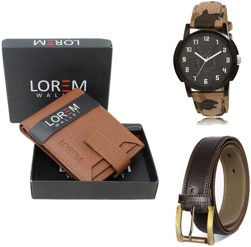 LOREM Belt, Wallet & Watch Combo  (Tan, Brown, Multicolor)