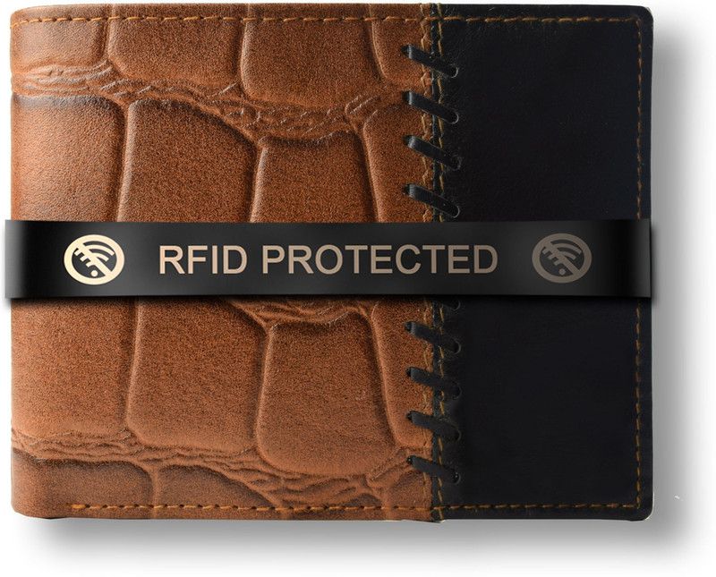 Men Tan, Black Genuine Leather RFID Wallet - Regular Size  (6 Card Slots)
