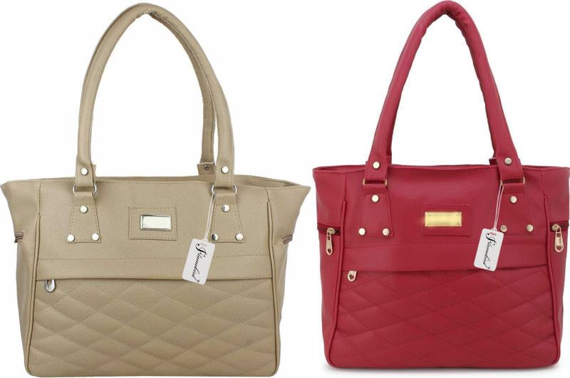 Women Beige, Maroon Hand-held Bag - Extra Spacious  (Pack of: 2)