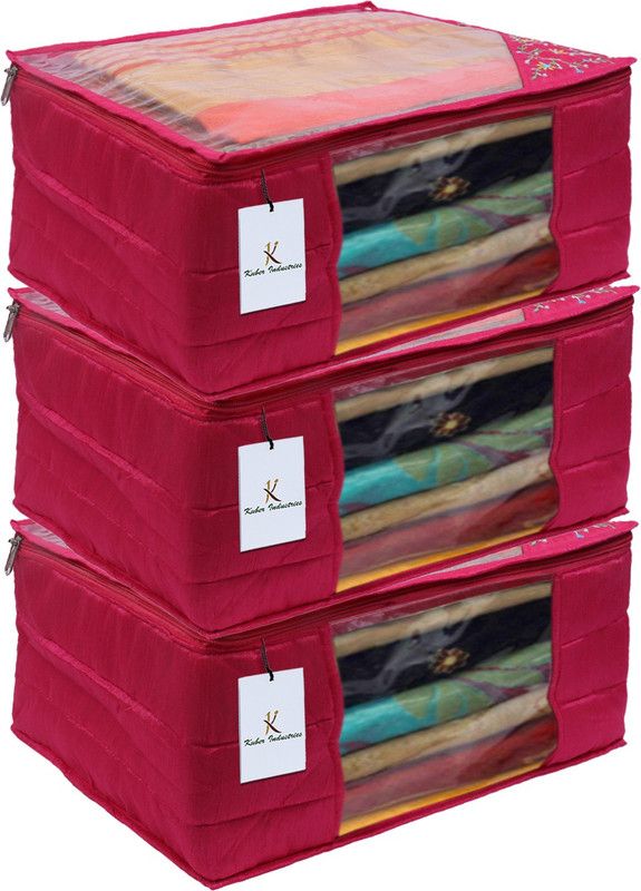 KUBER INDUSTRIES Embroidry Design 3 layered Quilted Silk 3 Pieces Saree Cover (Pink) -CTLTC10634 CTLTC010634  (Pink)