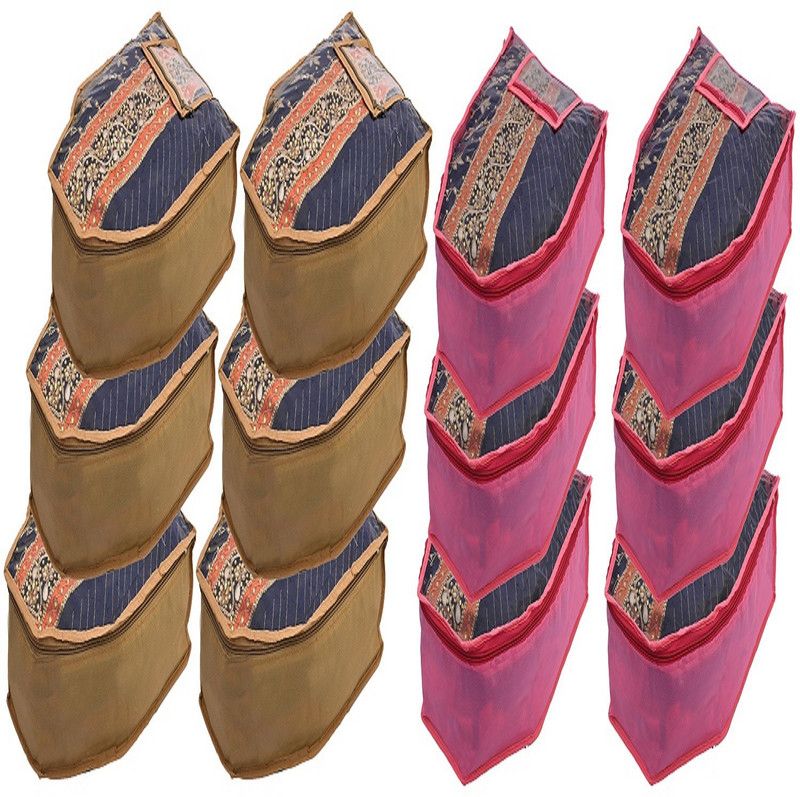 KUBER INDUSTRIES Designer 12 Piece Non Woven Blouse Cover With Front Transparent Window With Attached Pocket Set (Brown & Pink) CTKTC045315  (Multicolor)