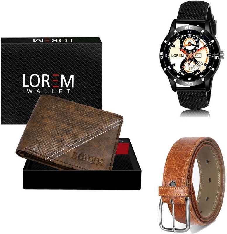 LOREM Belt, Wallet & Watch Combo  (Brown, Tan, Black)