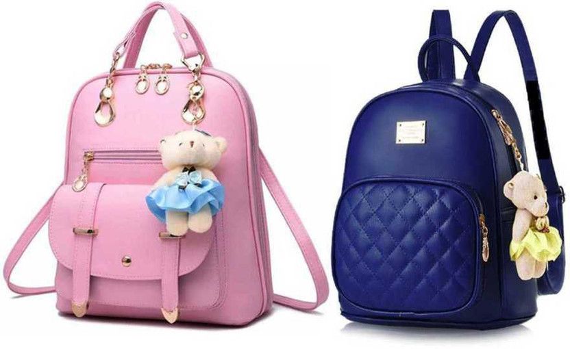 Small 8 L Backpack Women PU Leather Backpack School Bag Student Backpack Women Travel bag  (Pink, Blue)