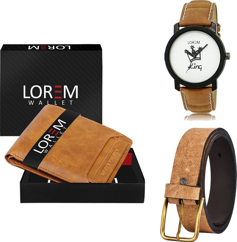 LOREM Belt, Wallet & Watch Combo  (Beige, Beige, Brown)