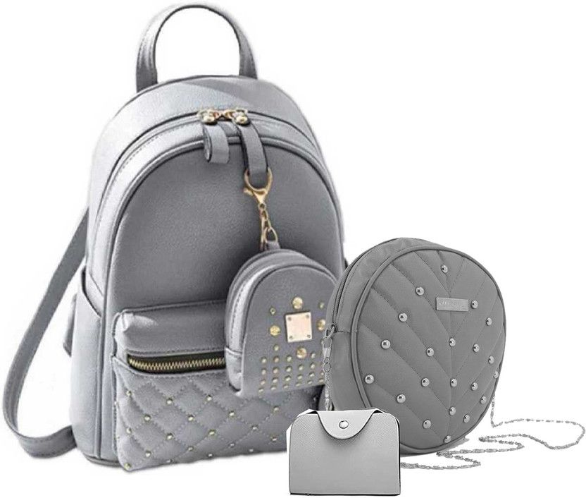 Small 12 L Backpack Cute Backpack with Round Slinng Bag/Purse for Women (Set of 3)  (Grey)