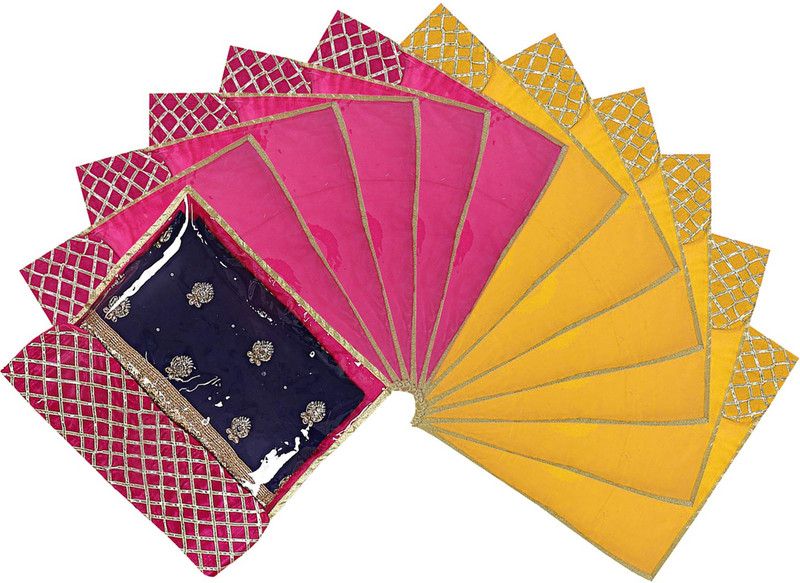 KUBER INDUSTRIES Saree Cover Seamless lattice Design Satin Foldable, Lightweigth Single Saree Cover/ Organiser For Wardrobe With Transparent Top- Pack of 12 (Pink & Yellow)  (Pink & Yellow)