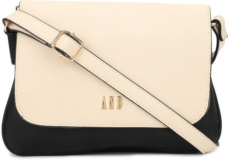 Women Black, Beige Sling Bag - Regular Size