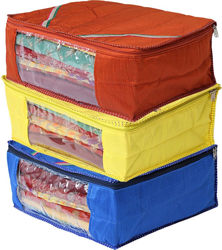 KUBER INDUSTRIES Saree cover 3 Pieces Raw Silk Saree Cover Wardrobe Organizer (Blue, Yellow & Red)-CTKTC2866 CTKTC02866  (Multicolor)