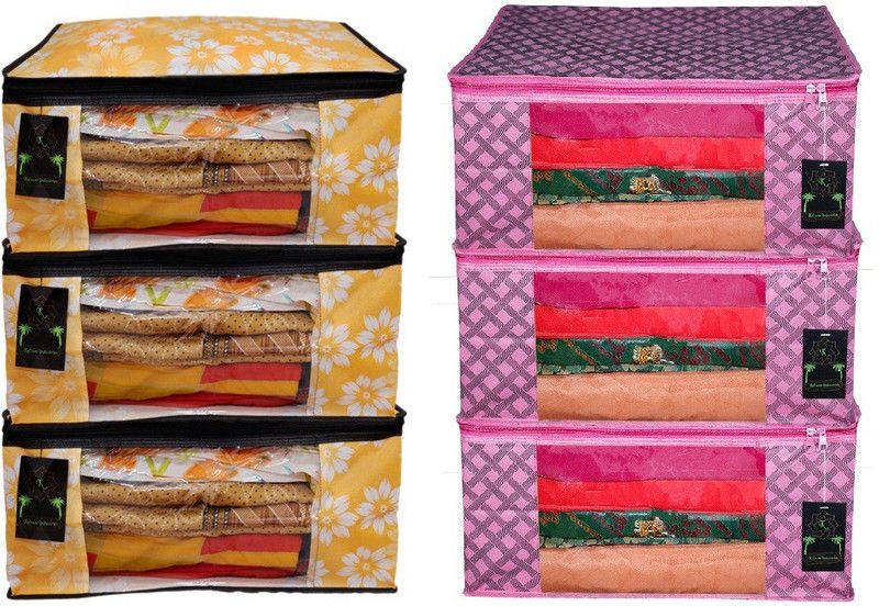 Kulsum Industries New Best Stitching and High Quality Saree Cover Saree Case saree Pouch Storage Bag (Set of 6) saree cover White Flower Mango and Pink Designer cloth bag Garment Organizer  (Mango)