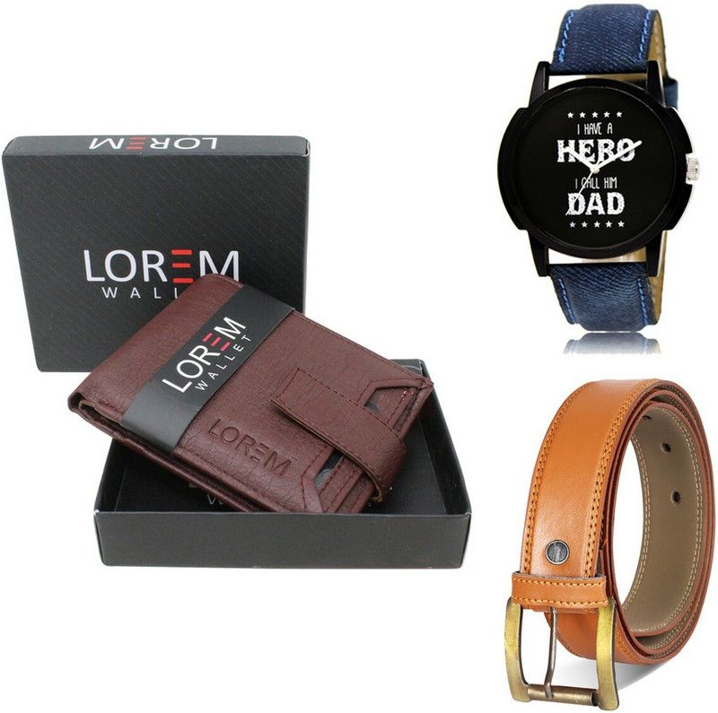 LOREM Belt, Wallet & Watch Combo  (Maroon, Orange, Blue)