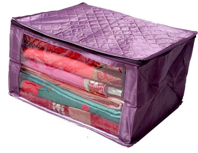 KUBER INDUSTRIES Designer Extra Large Saree Cover Quilted Satin set of 2 Pcs (Purple & Golden)Wedding Collection Gift SSATTIINP107  (Multicolor)