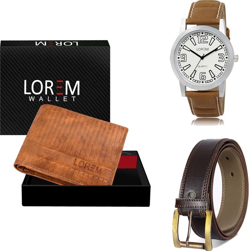 LOREM Belt, Wallet & Watch Combo  (Beige, Brown, Brown)